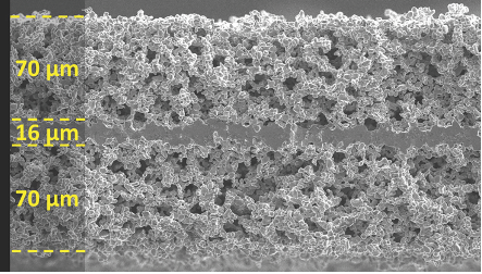 Sample unfilled garnet tri-layer porous electrolyte with dense interlayer